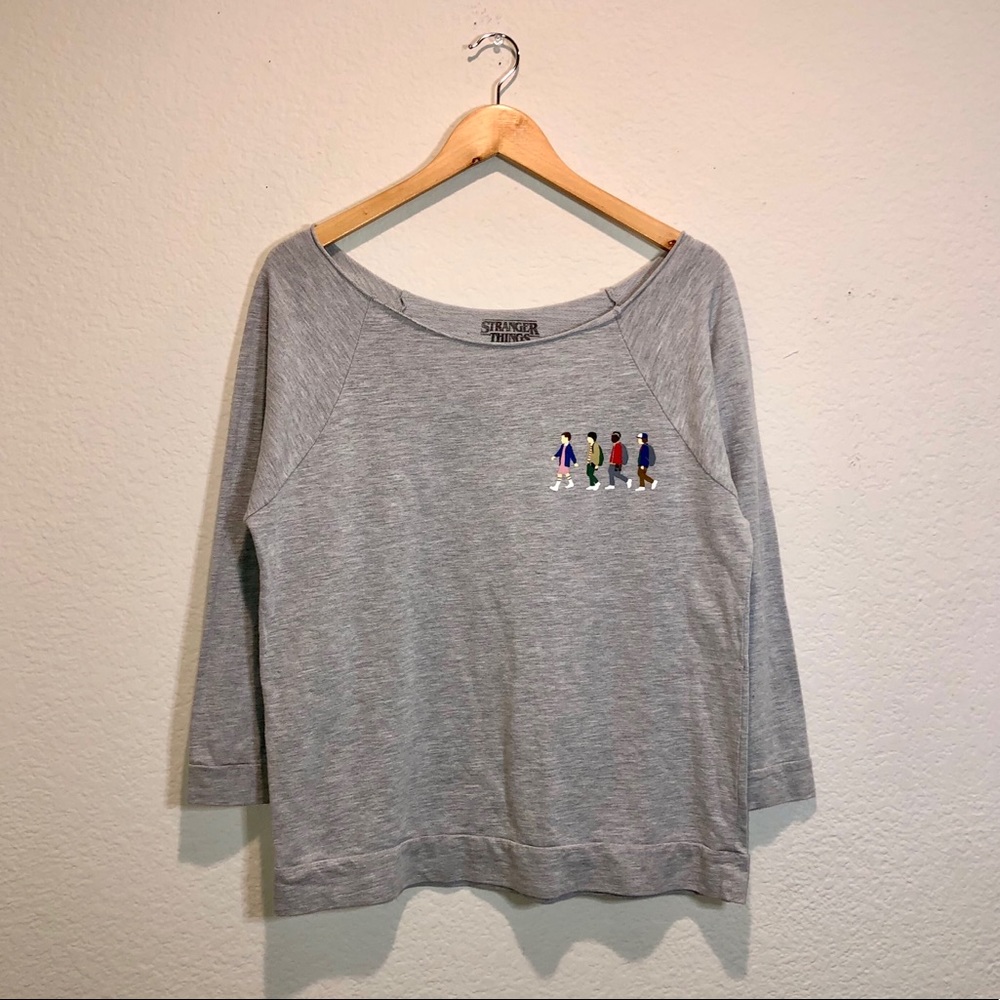 Stranger Things 3/4 Sleeve Gray Boatneck Sweater.       2